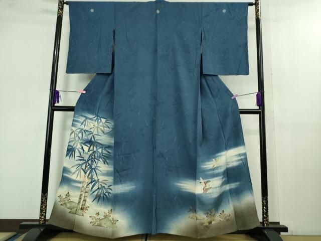 平和屋着物■極上　アンティーク　大正ロマン　色留袖　単衣　手描き　刺繍　笹竹に雀　暈し染め　逸品　DZAB1118kh5