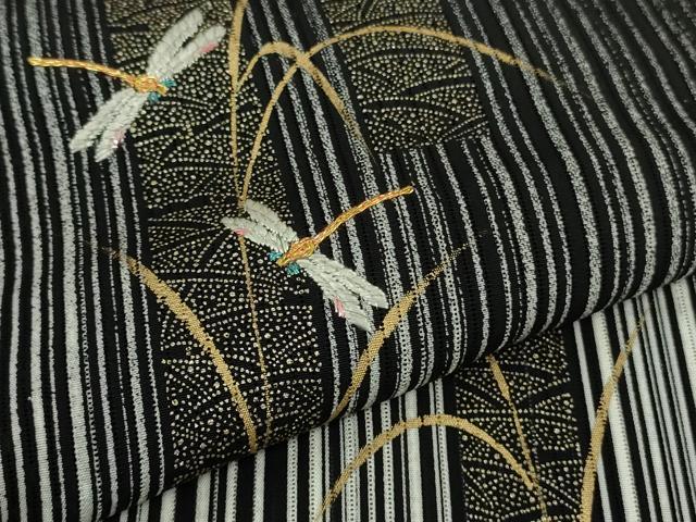 平和屋着物■極上　夏物　訪問着　刺繍　縦絽　蜻蛉　トンボ　黒地　金彩　逸品　DZAB1166kh5 平和屋着物□極上 夏物 訪問着 刺繍 縦絽 蜻蛉 トンボ 黒地 金彩 逸品