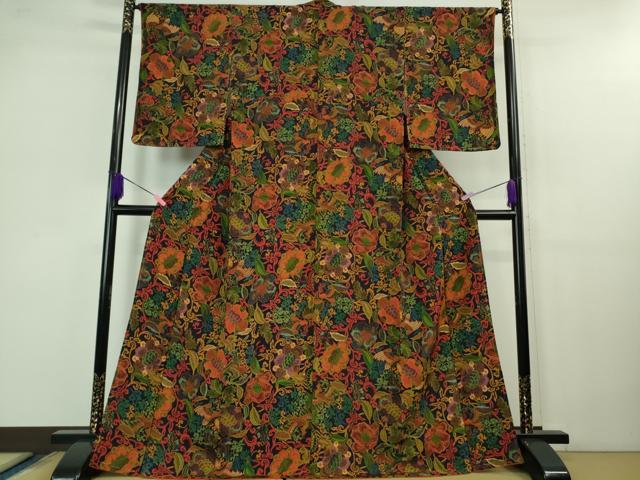 平和屋着物■極上　小紋　鳳凰更紗花文　鬼しぼ縮緬　逸品　未使用　DZAB1177kh5