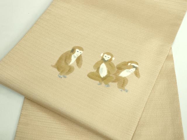 平和屋着物■極上　夏物　九寸名古屋帯　作家物　絽縮緬　手描き　三猿　色　逸品　DZAB1224kh5_6