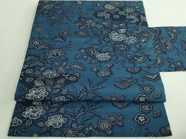平和屋着物■極上　九寸名古屋帯　紬地　琉球藍型　草花文　逸品　DZAB1231kh5