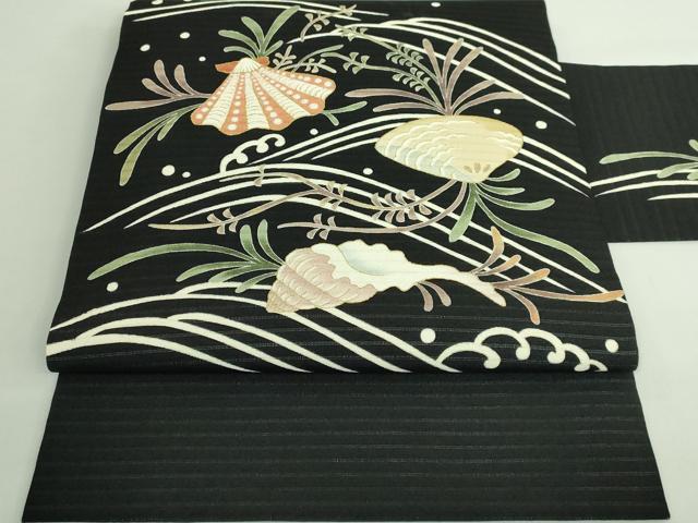 平和屋本店■極上　夏物　倉谷憲明　九寸名古屋帯　絽縮緬　立波に貝　黒地　金彩　逸品　DZAB1246kh5
