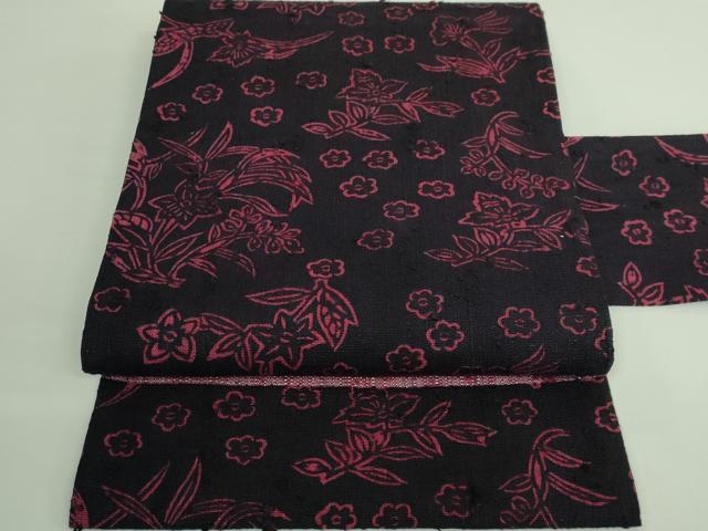 平和屋本店■極上　浦野理一　経節紬　型染　九寸名古屋帯　草花文　烏羽色地　逸品　DZAB1247kh5