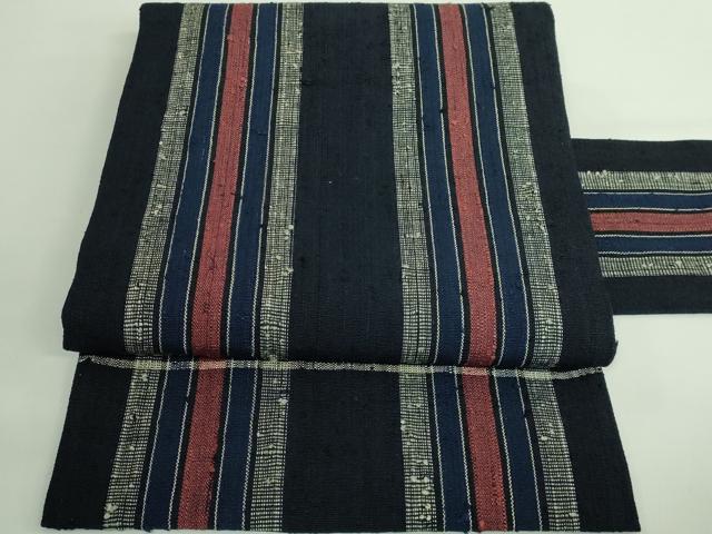 平和屋本店■極上　浦野理一　経節紬　九寸名古屋帯　間道　紺色地　逸品　DZAB1250kh5