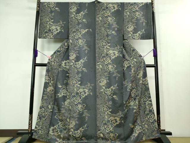 平和屋着物■極上　小紋　薔薇間道　バラ　褐色地　金彩　逸品　DZAB1309kh5