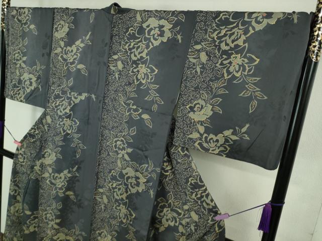 平和屋着物□極上 小紋 薔薇間道 バラ 褐色地 金彩 逸品 DZAB1309kh5