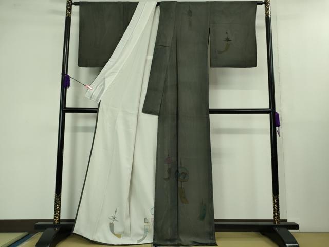 平和屋本店■極上　訪問着　無双　紗袷　紗×絽　手描き　風鈴　金魚　黒地　逸品　DZAB1315kh5 平和屋本店□極上 訪問着 無双 紗袷 紗×絽 手描き 風鈴 金魚