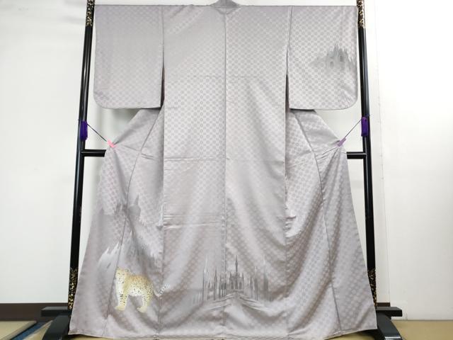 平和屋本店■極上　訪問着　手描き　チーター　城　スパンコール　藤色地　銀彩　逸品　未使用　DZAB1417kh5