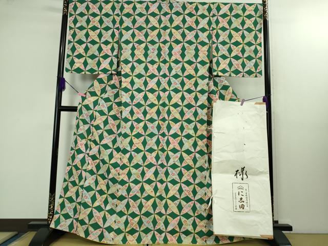 平和屋本店■極上　京都老舗銘店・に志田　小紋　七宝花文　金彩　鬼しぼ縮緬　たとう紙付き　逸品　DZAB1433kh5