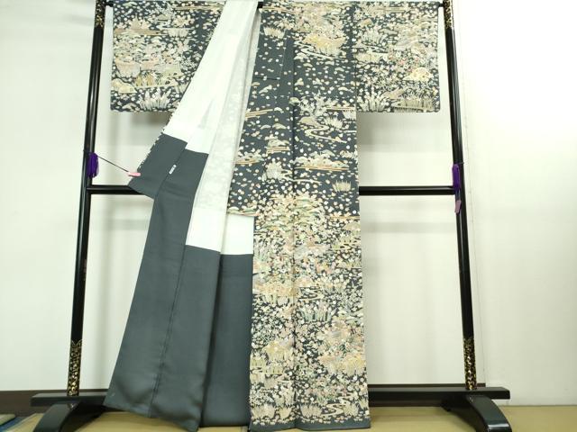 平和屋本店□極上 訪問着 紬地 駒刺繍 宝尽くし 風景草花文 金彩 逸品