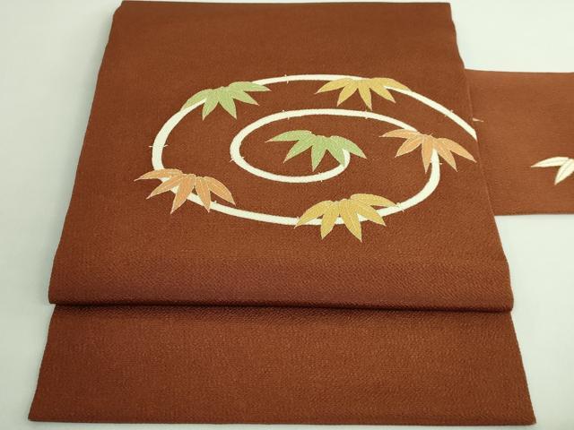 平和屋着物■極上　銀座　志ま亀　九寸名古屋帯　笹竹　柿茶色地　金彩　鬼しぼ縮緬　逸品　DZAB1481kh5