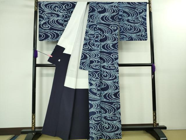 平和屋本店●極上　藍造り国選定無形文化財　藍師・佐藤昭人　藍香房　小紋　天然藍染　観世水　逸品　DZAB1558kh5 平和屋本店○極上 藍造り国選定無形文化財 藍師・佐藤昭人 藍香房 小紋