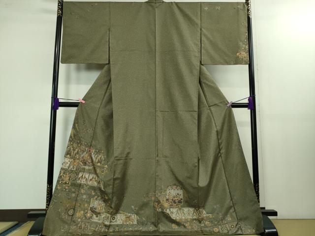 平和屋着物■極上　本場染大島紬　訪問着　手描き　インド象　人物花鳥文　金彩　ロング丈　逸品　未使用　DZAB1560kh5