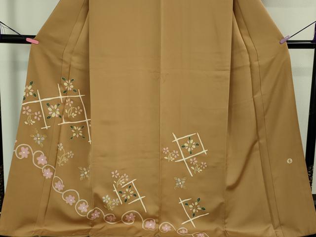 平和屋本店■極上　京友禅作家　米沢新之助　訪問着　草花文　江戸茶色地　金彩　ロング丈　逸品　DZAB1569kh5 平和屋本店□極上 京友禅作家 米沢新之助 訪問着 草花文 江戸茶色