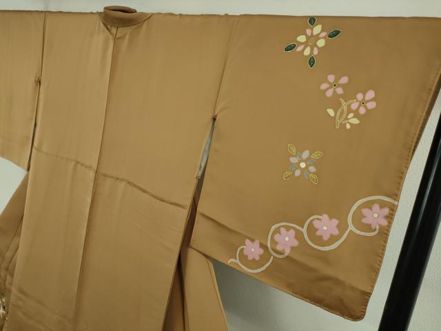 平和屋本店□極上 京友禅作家 米沢新之助 訪問着 草花文 江戸茶色