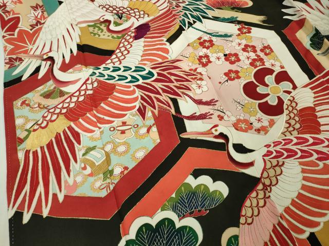 平和屋本店□極上 アンティーク 大正ロマン 振袖 駒刺繍 飛鶴亀甲吉祥花
