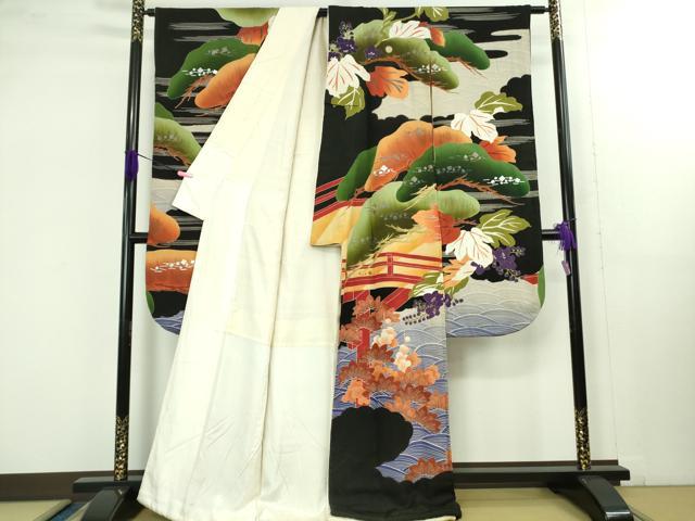 平和屋本店■極上　アンティーク　大正ロマン　振袖　渡橋立波松文　暈し染め　黒地　金銀彩　逸品　DZAB1616kh5 平和屋本店□極上 アンティーク 大正ロマン 振袖 渡橋立波松文 暈し