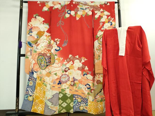 平和屋本店■極上　アンティーク　大正ロマン　振袖・長襦袢(袷)セット　刺繍　幔幕鼓花文　金糸　逸品　DZAB1618kh5