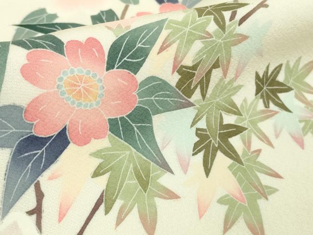 平和屋本店□極上 本加賀友禅作家 岡本幸治 訪問着 枝花文 象牙色地