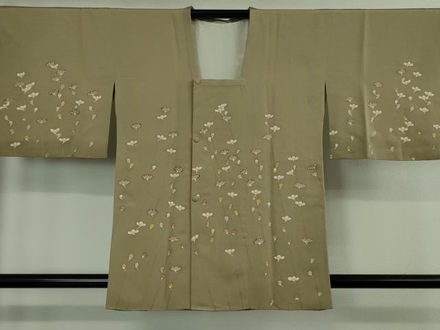 平和屋着物■極上　道行コート　駒刺繍　枝花文　白橡色地　金彩　逸品　DZAB1664kh5
