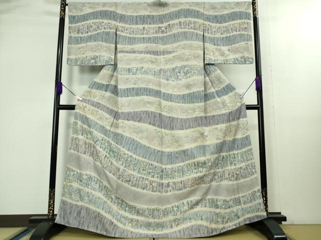 平和屋着物▽白鷹お召 色紙重ね草花文 正絹 逸品 CAAR7839hy