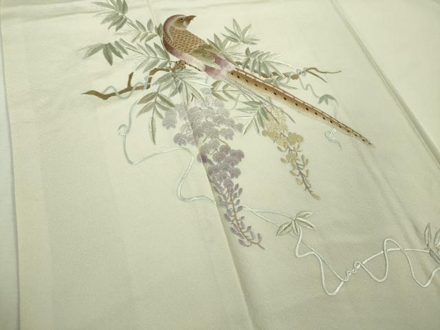 平和屋本店□極上 訪問着 総刺繍 尾長鳥 藤花房 桜色地 金糸