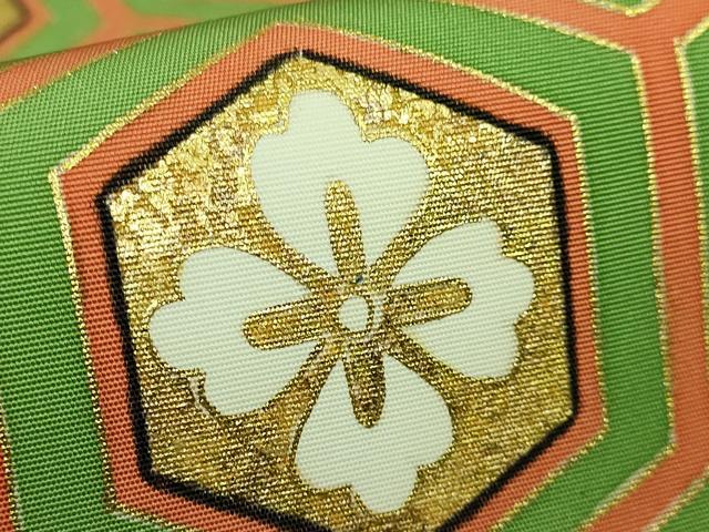 平和屋着物●極上　塩瀬　九寸名古屋帯　駒刺繍　亀甲花菱文　黒地　金彩　逸品　DZAB1821kh6_3