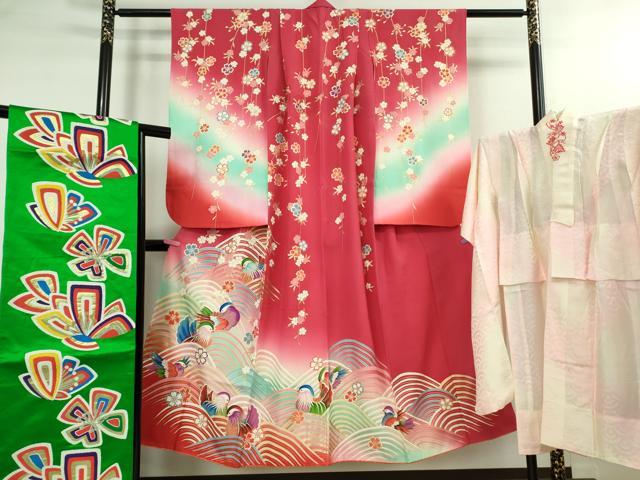 平和屋本店∵極上　女の子 十三参り　子供　祝着・襦袢(無双仕立て・半衿刺繍)・袋帯 3点セット　鴛鴦　暈し染め　金彩　逸品　DZAB1854kh6