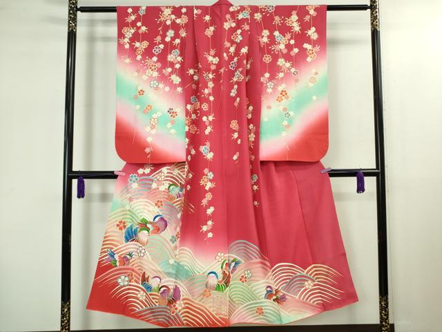 平和屋本店∵極上　女の子 十三参り　子供　祝着・襦袢(無双仕立て・半衿刺繍)・袋帯 3点セット　鴛鴦　暈し染め　金彩　逸品　DZAB1854kh6_1