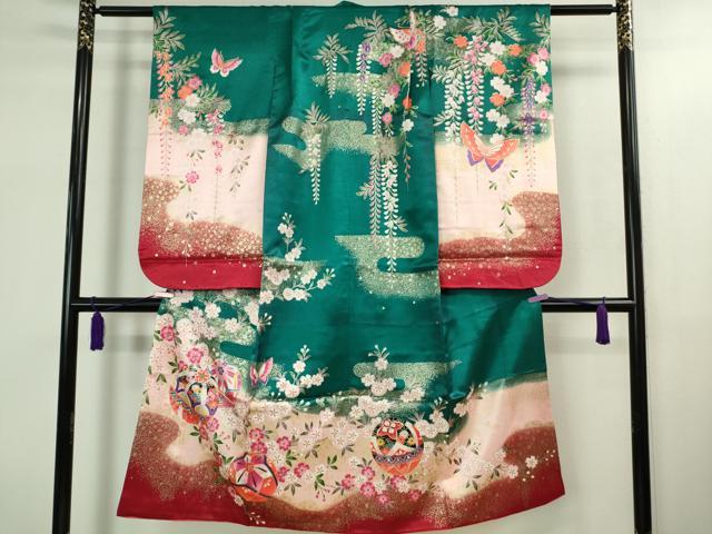 平和屋本店[]極上　七五三　女の子　7歳　祝着・襦袢(単衣・半衿刺繍)・袋帯　3点セット　舞蝶毬文　金彩　逸品　DZAB1855kh6_1