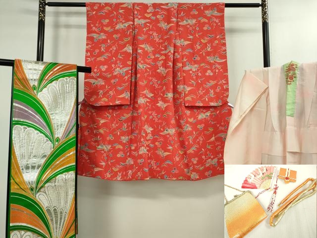 平和屋本店[]極上　七五三　女の子　3歳　祝着・襦袢(半衿刺繍)・袋帯・小物セット　飛鶴松花文　鬼しぼ縮緬　逸品　DZAB1856kh6