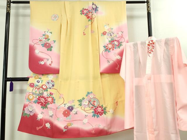 平和屋本店[]極上　七五三　女の子　7歳　祝着・襦袢(単衣・半衿刺繍)セット　花毬文　暈し染め　金彩　逸品　DZAB1865kh6