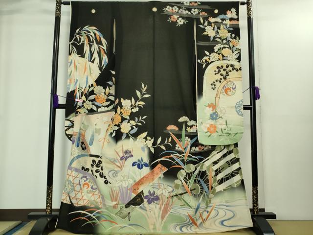 平和屋本店＊極上　夏物　アンティーク　大正ロマン　振袖　絽袷　枝垂れ柳風景花文　黒地　暈し染め　逸品　DZAB1937kh6