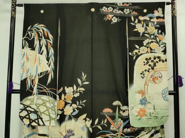 平和屋本店■極上　夏物　アンティーク　大正ロマン　振袖　流水菊文　暈し染め　金銀彩　逸品　CZAA3314s5 平和屋本店○極上 アンティーク 大正ロマン 振袖 飛鶴文様 暈し染め