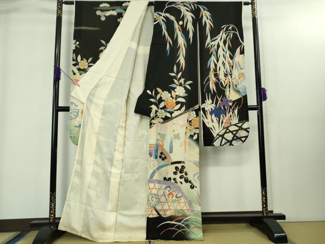 平和屋本店■極上　夏物　アンティーク　大正ロマン　振袖　流水菊文　暈し染め　金銀彩　逸品　CZAA3314s5 平和屋本店＊極上 夏物 アンティーク 大正ロマン 振袖 絽袷 枝垂れ柳