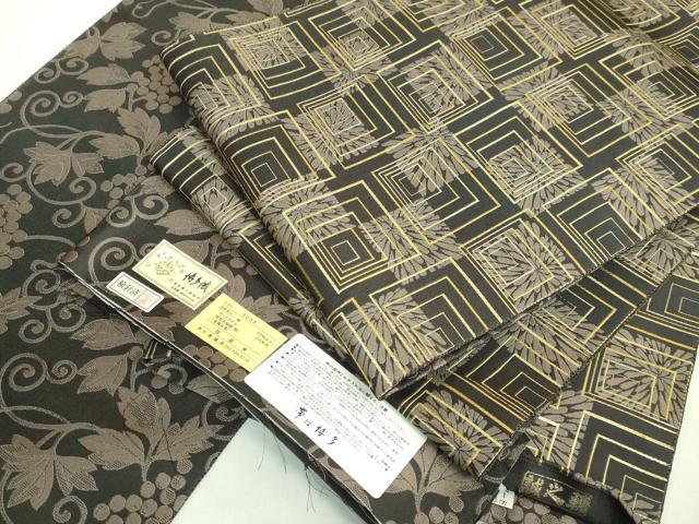 平和屋本店●極上　本場筑前博多織　大倉織物　誠之輔　両面　全通柄袋帯　市松菊線文　葡萄蔦の葉　金糸　証紙付き　逸品　DZAB2069kh6
