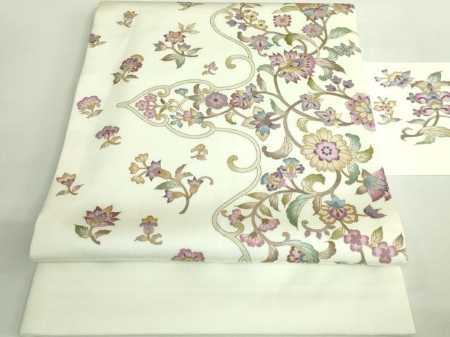 平和屋本店●極上　岡重謹製　OKAJIMA　塩瀬　九寸名古屋帯　更紗花文　金彩　逸品　DZAB2098kh6