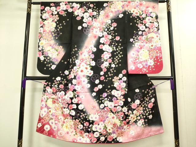 平和屋本店[]極上　七五三　女の子　7歳　祝着・襦袢セット　花毬文　黒地　暈し染め　金彩　逸品　新品　DZAB2186kh6_1
