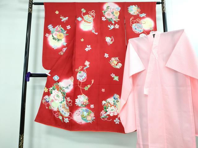 平和屋本店[]極上　七五三　女の子　7歳　祝着・襦袢セット　宝尽くし　花鈴　暈し染め　金彩　逸品　新品　DZAB2187kh6