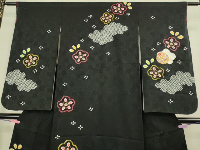 平和屋本店[]極上　七五三　女の子　7歳　祝着・襦袢セット　駒刺繍　絞り　花毬文　黒地　金彩　逸品　新品　DZAB2188kh6_2