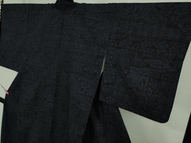 平和屋本店○極上 本場結城紬 重要無形文化財 100亀甲 吉祥文 濃藍色地