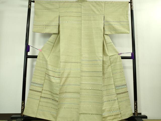 平和屋本店●超希少　人間国宝　重要無形文化財保持者　佐々木苑子　訪問着　紬　横段文　裏葉柳色地　逸品　DZAB2273kh6