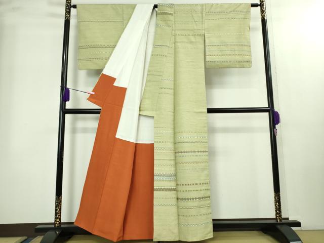 平和屋本店●超希少　人間国宝　重要無形文化財保持者　佐々木苑子　訪問着　紬　横段文　裏葉柳色地　逸品　DZAB2273kh6