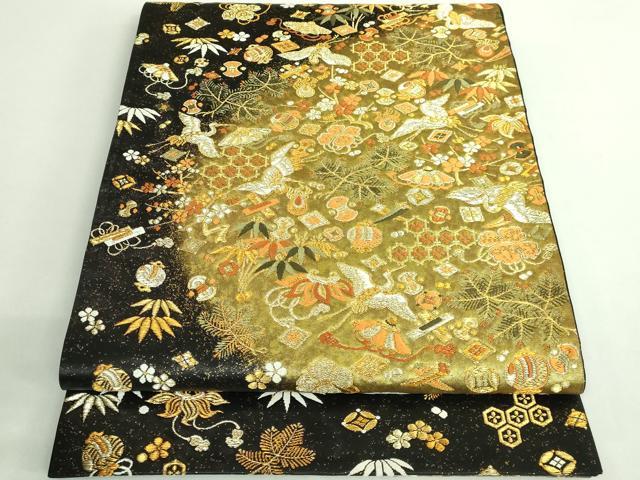 平和屋着物●極上　西陣　河合美術織物謹製　六通柄袋帯　唐織　豊明錦　飛鶴宝尽くし　黒地　金糸　逸品　DZAB2315kh6