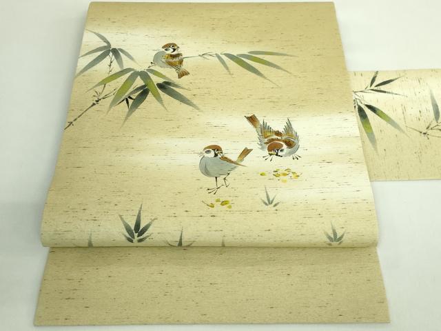 平和屋着物●極上　九寸名古屋帯　紬地　手描き　雀　逸品　DZAB2342kh6 平和屋着物○極上 九寸名古屋帯 紬地 手描き 雀 逸品 DZAB2342kh6