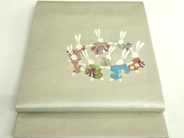 平和屋着物●極上　小田章　太鼓柄袋帯　かごめかごめ　兎　金糸　砂色地　逸品　DZAB2362kh6 平和屋着物○極上 小田章 太鼓柄袋帯 かごめかごめ 兎 金糸 砂色地