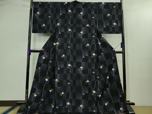 平和屋着物●極上　小紋　市松花文　黒地　京都きもの友禅扱い　ロング丈　逸品　未使用　DZAB2444kh6 平和屋着物○極上 小紋 市松花文 黒地 京都きもの友禅扱い ロング丈