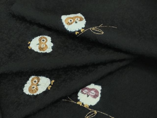 平和屋着物●極上　小紋　手描き　ふくろう　梟　黒地　金彩　ロング丈　逸品　未使用　DZAB2467kh6