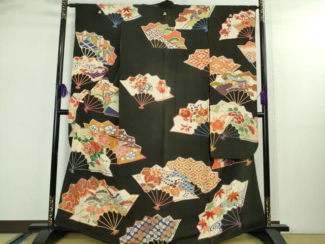 平和屋着物●極上　アンティーク　大正ロマン　振袖　駒刺繍　扇面吉祥花文　黒地　金銀糸　逸品　DZAB2486kh6 38,025円