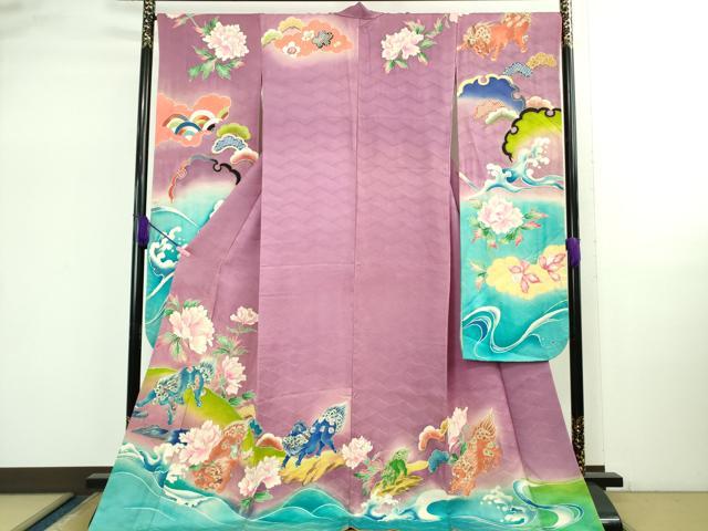 平和屋本店●極上　アンティーク　大正ロマン　振袖　手描き　唐獅子　暈し染め　金彩　逸品　DZAB2487kh6
